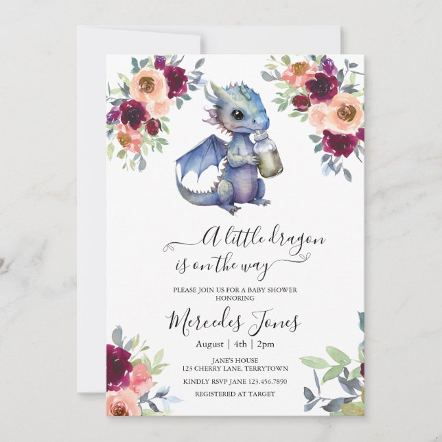 Watercolor Floral Blue Purple Dragon Baby Shower Invitation (Front)