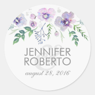 Watercolor Floral Blue Purple Wedding Classic Round Sticker