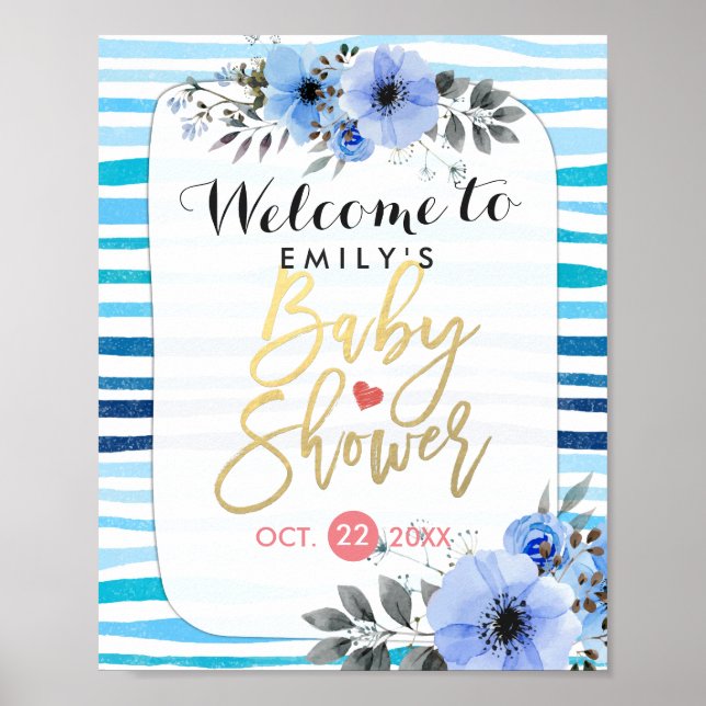 Watercolor Floral Blue Stripes Baby Shower Welcome Poster (Front)