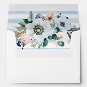 Watercolor Floral Blue Stripes Beach Wedding Envelope