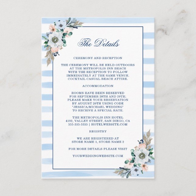 Watercolor Floral Blue Stripes Wedding Details Enclosure Card (Front)