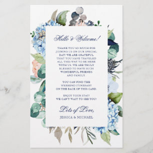 Watercolor Floral Blue Wedding Welcome Itinerary