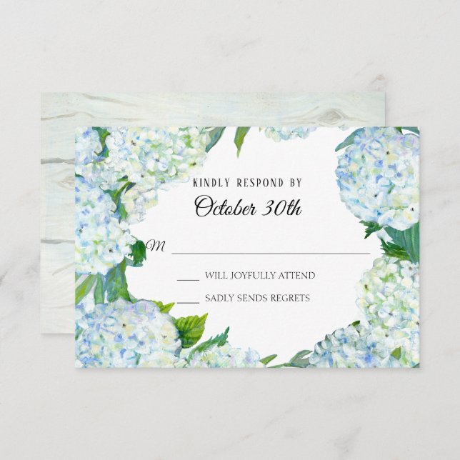 Watercolor Floral Blue White Hydrangea Rustic Wood Invitation (Front/Back)