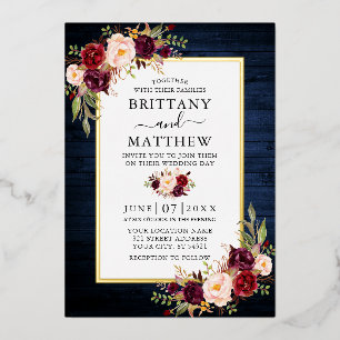 Watercolor Floral Blue Wood Wedding Gold