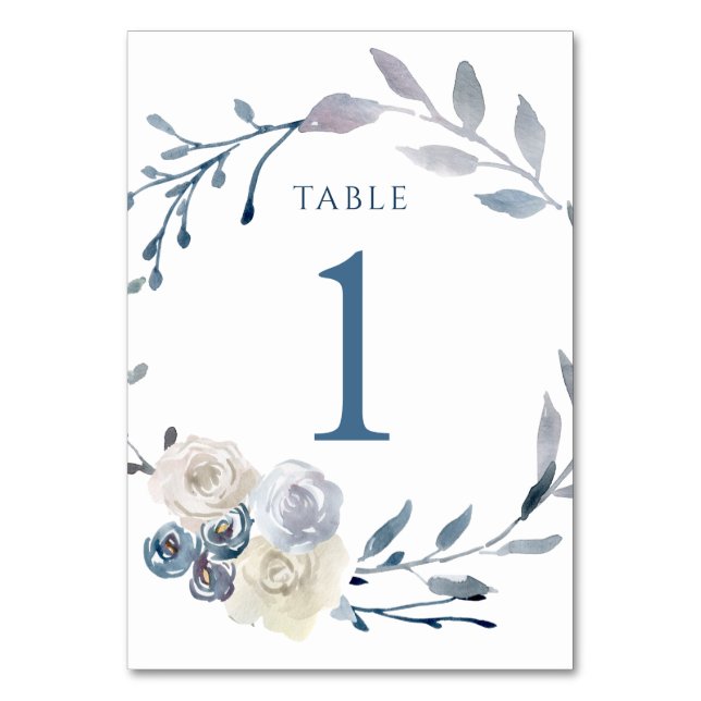 watercolor floral blue wreath Table Number 1 (Front)