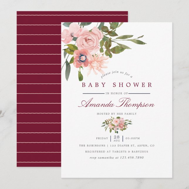 Watercolor floral Blush and Burgundy Baby Shower Invitation (Front/Back)
