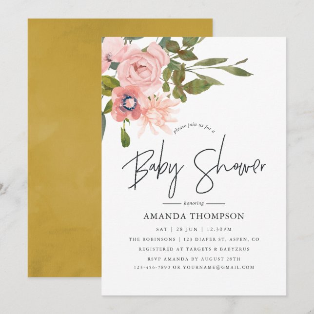 Watercolor floral Blush and Gold Baby Shower Invitation (Front/Back)