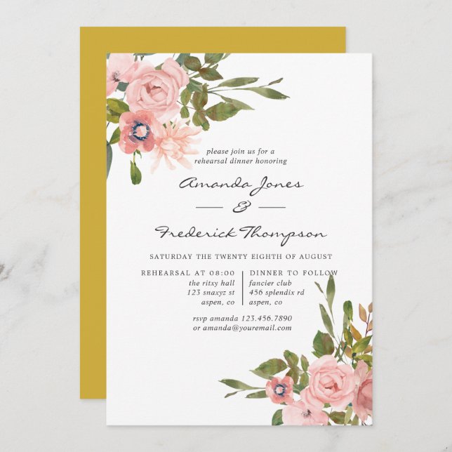 Watercolor floral Blush and Gold Rehearsal Dinner Invitation (Front/Back)