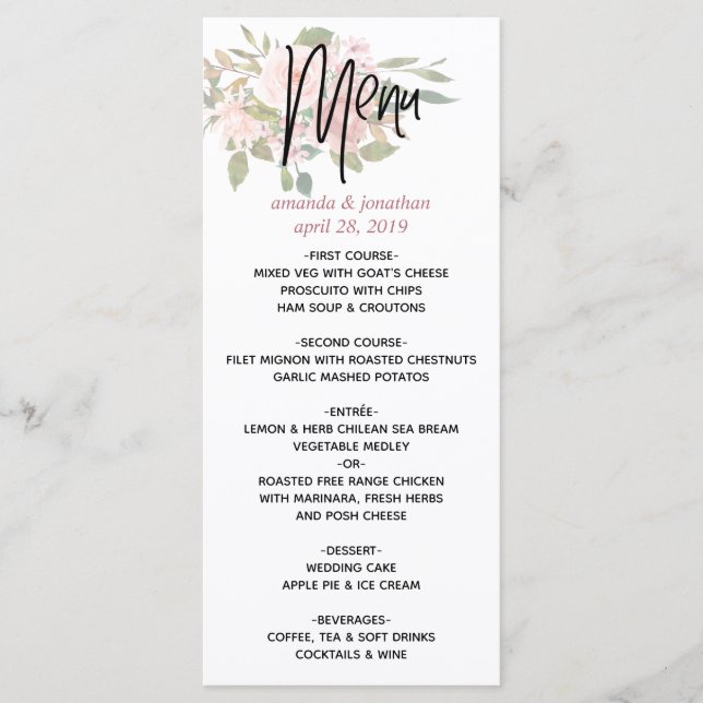 Watercolor floral Blush and Rose Gold Wedding Menu (Front)