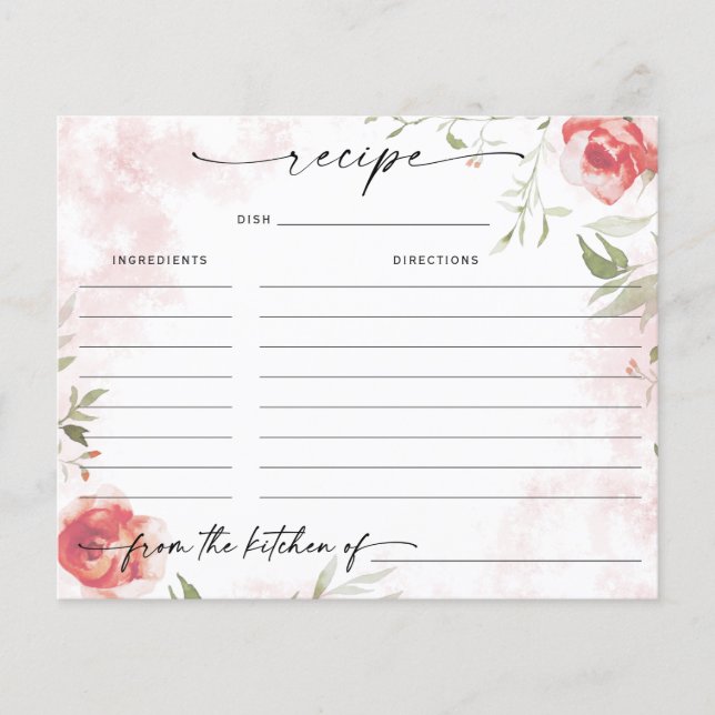 Watercolor Floral Blush Bridal Shower Recipe Card (Front)