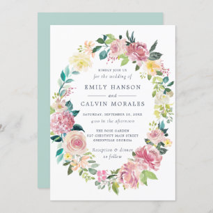 Watercolor Floral Blush Greenery Wreath Invitation