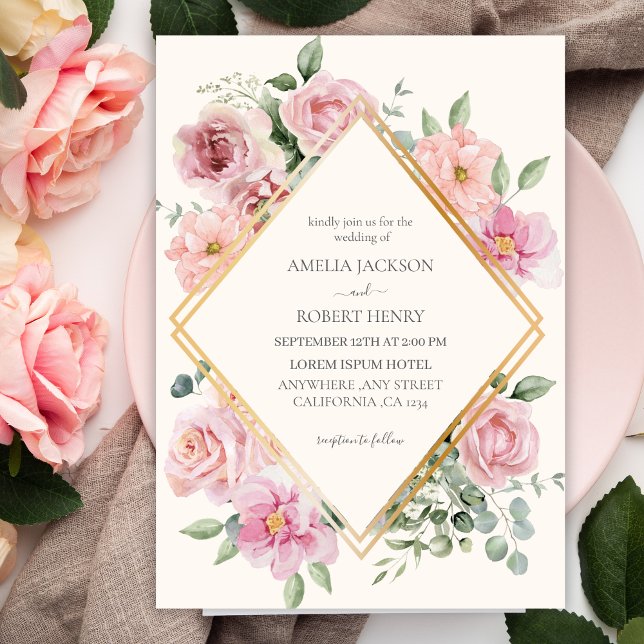 Watercolor floral Blush pink and gold Wedding Invitation (Creator Uploaded)