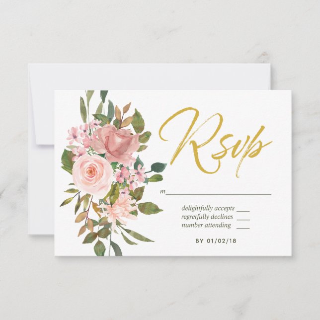 Watercolor floral Blush Pink and Gold Wedding RSVP (Front)