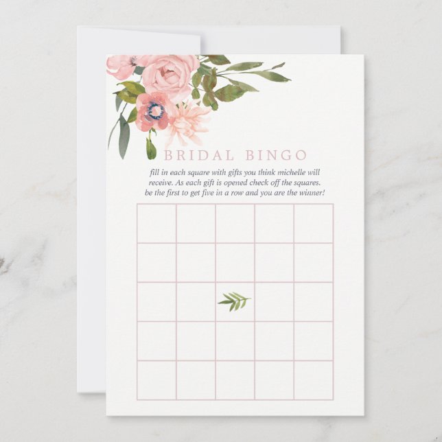 Watercolor floral Blush Pink Bridal Bingo (Front)