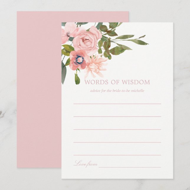 Watercolor floral Blush Pink Bridal Shower Advice Invitation (Front/Back)