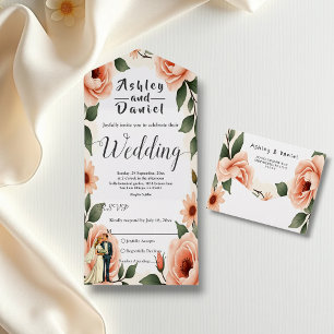 Watercolor Floral Blush Pink Bride & Groom Wedding All In One Invitation