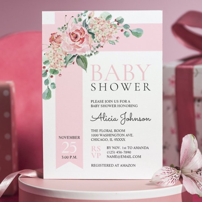 Watercolor Floral Blush Pink Girl BABY SHOWER Invitation (Creator Uploaded)