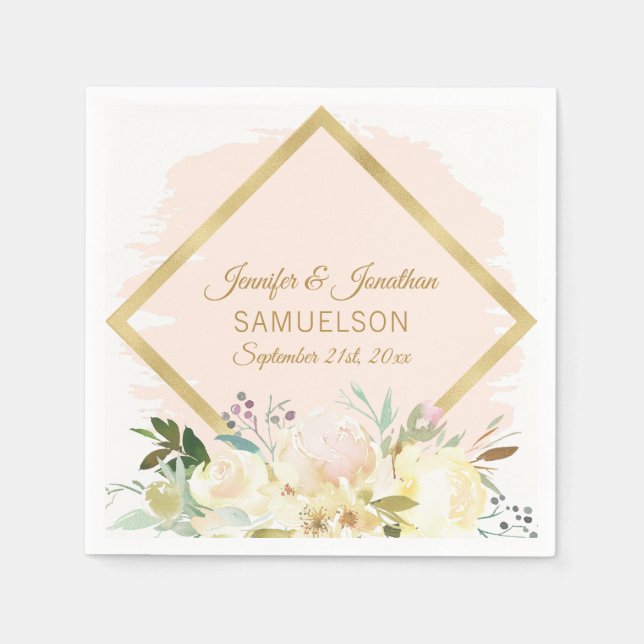 Watercolor Floral  Blush Pink Gold Frame Wedding Napkin (Front)