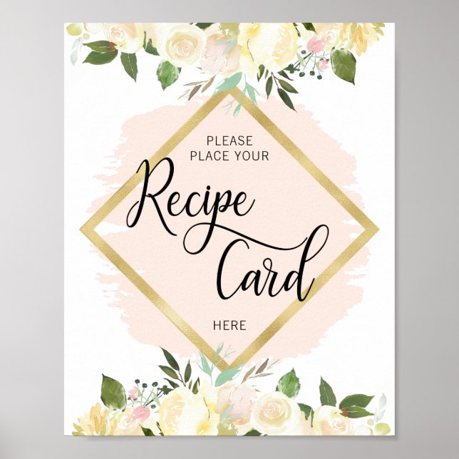 Watercolor Floral Blush Pink Gold RECIPE CARD Sign (Front)