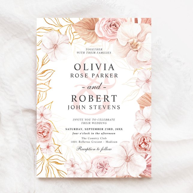 Watercolor Floral Blush Pink Gold Wedding Invitation (Creator Uploaded)