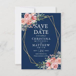 Watercolor Floral Blush Pink Navy Blue Wedding Save The Date