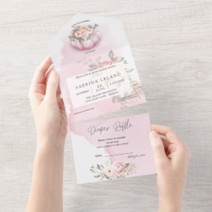 Watercolor Floral Blush Pink Pumpkin Baby Shower All In One Invitation