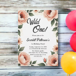 Watercolor Floral Blush Pink Rustic 1st Birthday Invitation