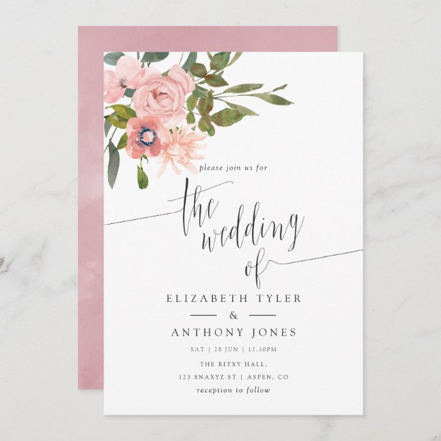 Watercolor floral Blush Pink Wedding Invite (Front/Back)