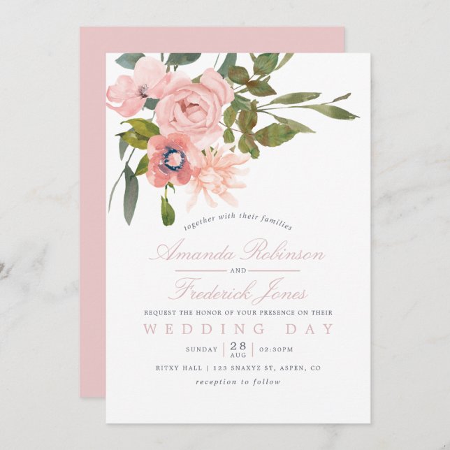 Watercolor floral Blush Pink Wedding Invite (Front/Back)