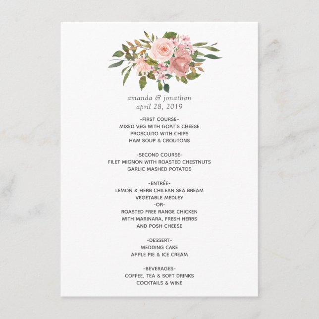 Watercolor floral Blush Pink Wedding Menu (Front)