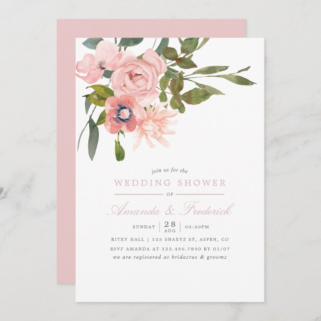 Watercolor floral Blush Pink Wedding Shower Invite (Front/Back)