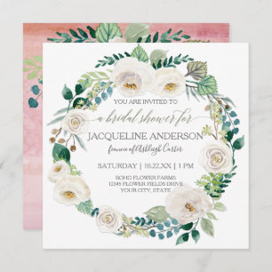 Watercolor Floral Blush White Roses Leaves Wreath Invitation