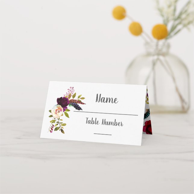 Watercolor Floral Boho Chic wedding table cards (Front)