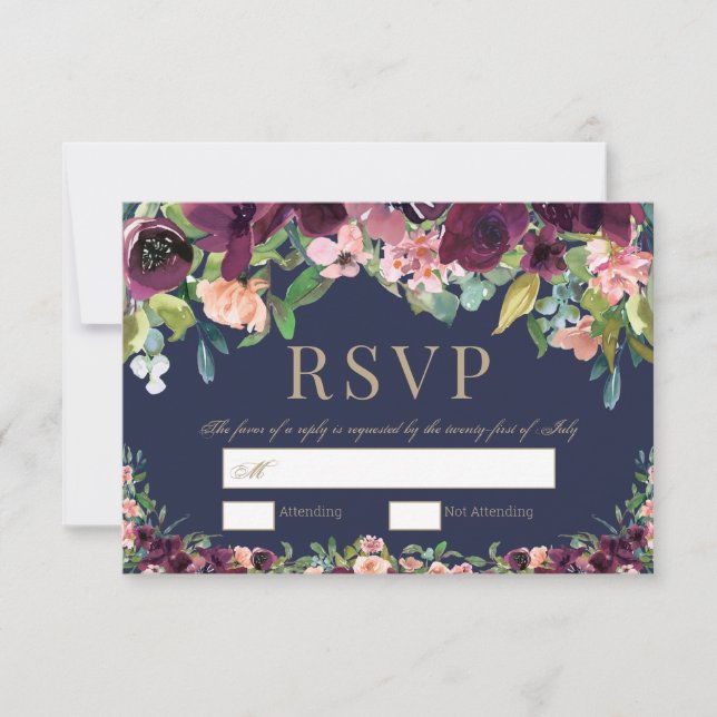 Watercolor Floral Boho Navy Wedding RSVP (Front)