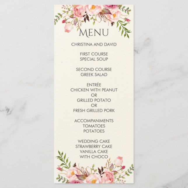 Watercolor Floral Boho Romantic Modern Wedding Menu (Front)