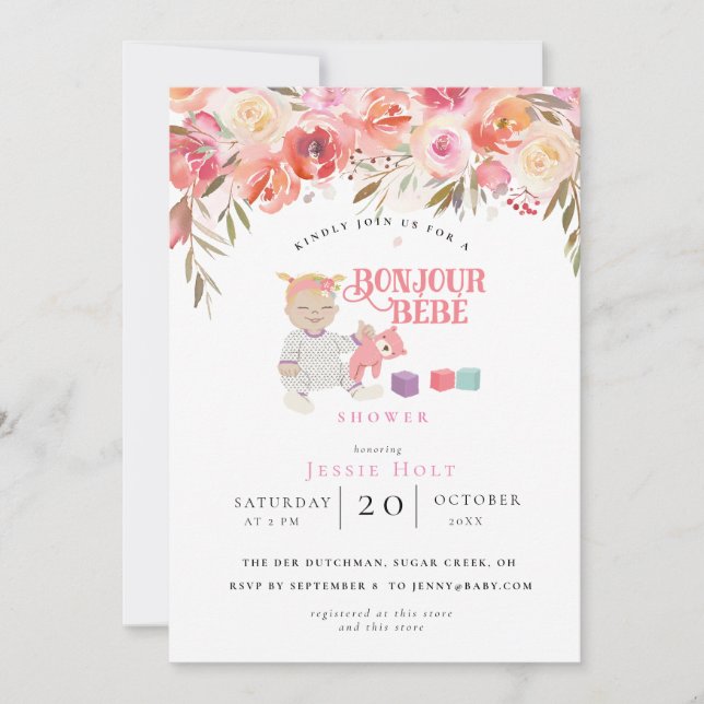 Watercolor Floral Bonjour Girl Baby 2 Invitation (Front)