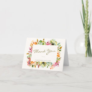 Watercolor Floral Border Wedding Custom Script Thank You Card