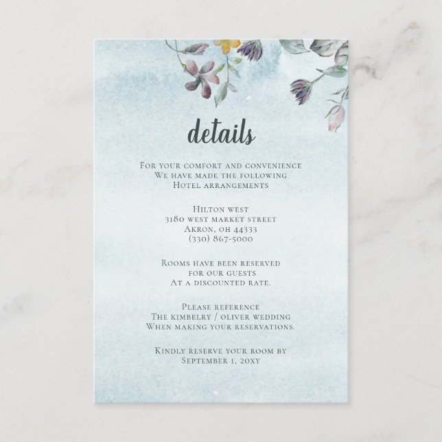 Watercolor Floral Botanical Dusty Blue Wedding Enclosure Card (Front)