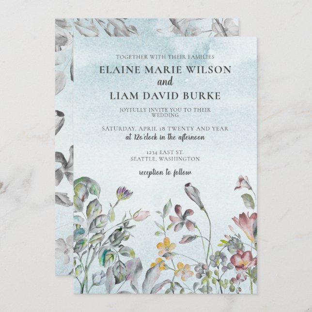 Watercolor Floral Botanical Dusty Blue Wedding Invitation (Front/Back)