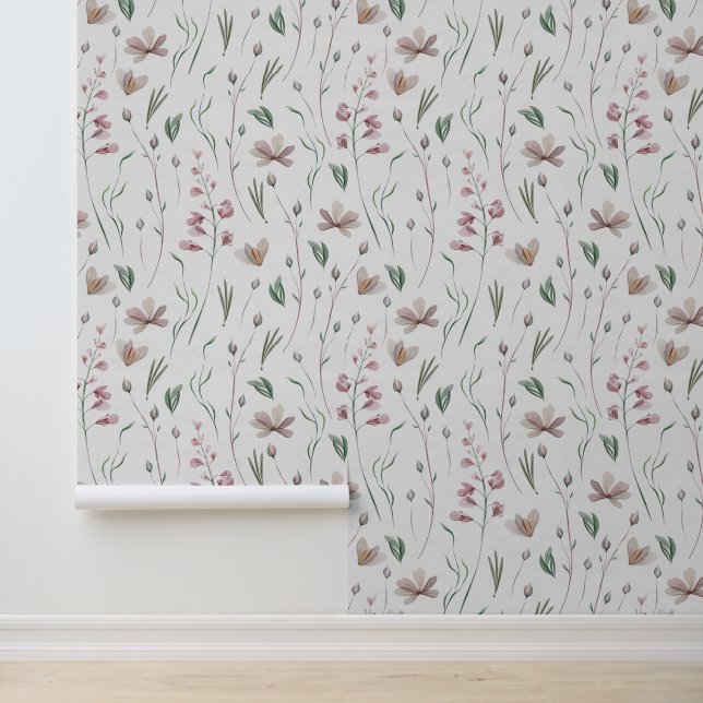 Watercolor Floral Botanical Pink Green Pastel Wallpaper (Application)