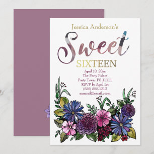 Watercolor Floral Botanical Sweet Sixteen Invitation