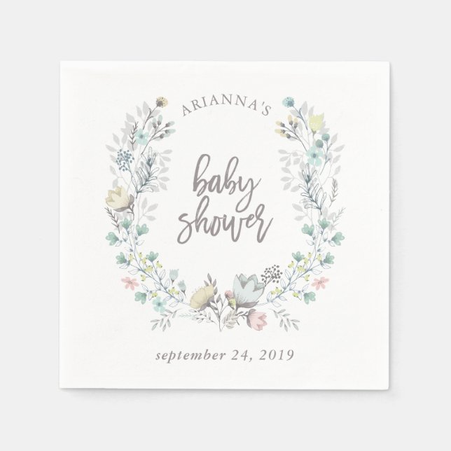 Watercolor Floral Botanical Wreath | Baby Shower Napkin (Front)