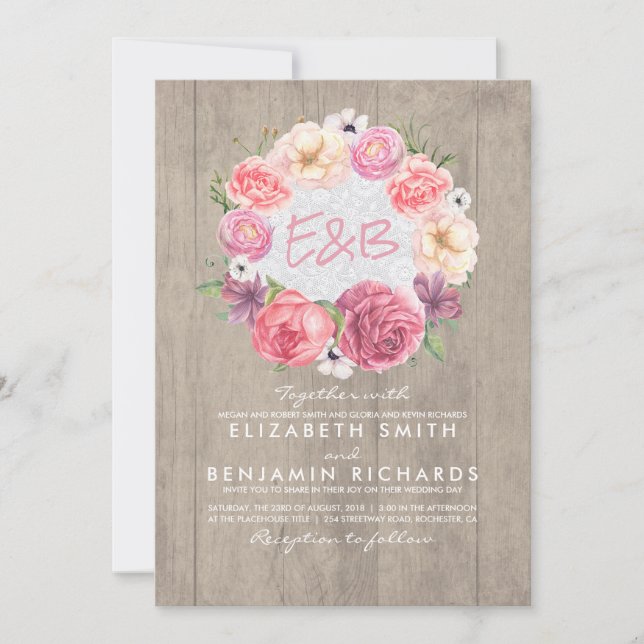 Watercolor Floral Botanical Wreath Rustic Wedding Invitation (Front)