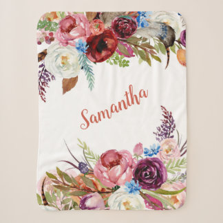 Watercolor Floral Bouquet Baby Girl Name Sherpa Blanket