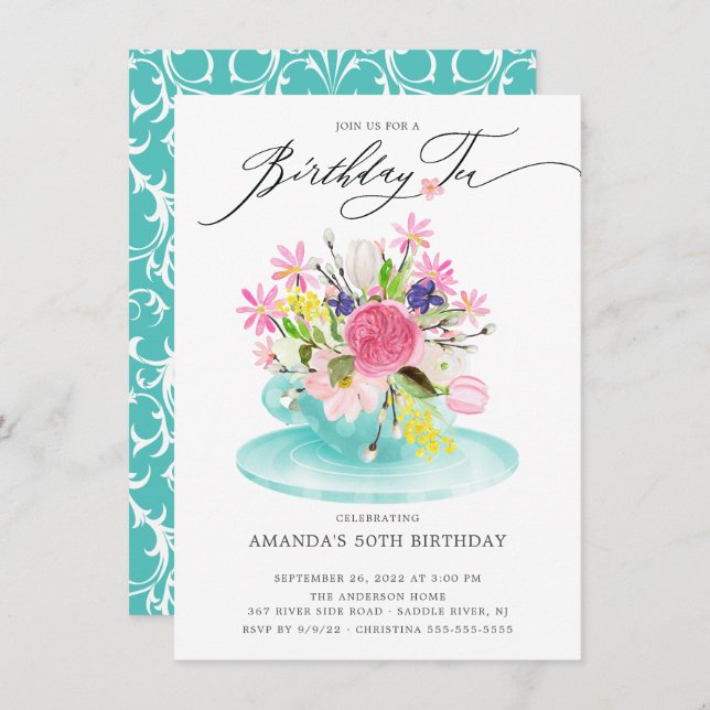 Watercolor Floral Bouquet Birthday Tea Invitation (Front/Back)