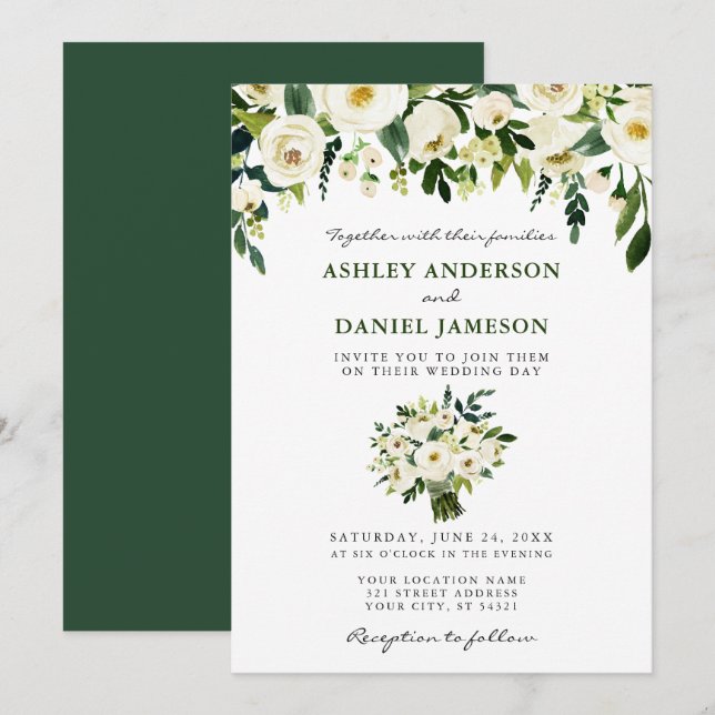 Watercolor Floral Bouquet Elegant Wedding Green Invitation (Front/Back)