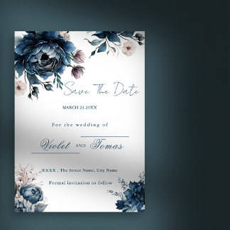 Watercolor floral bouquet navy blue Save The Date Invitation