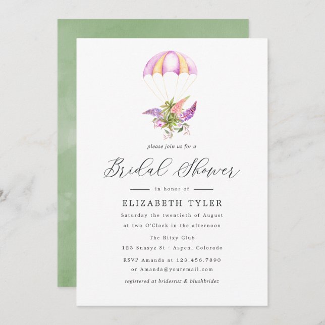 Watercolor Floral Bouquet Parachute Bridal Shower Invitation (Front/Back)