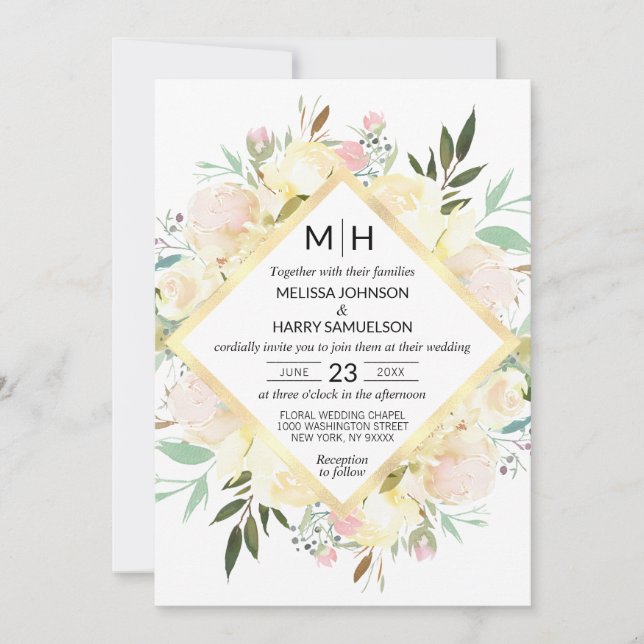 Watercolor Floral Bouquet Pink Gold White Wedding Invitation (Front)