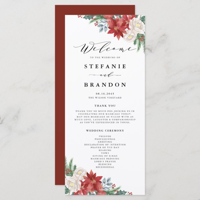 Watercolor Floral Bouquet Winter Wedding Ceremony Programme (Front/Back)